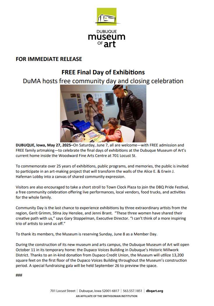 FREE Final Day of Exhibitions
DuMA hosts free community day and closing celebration