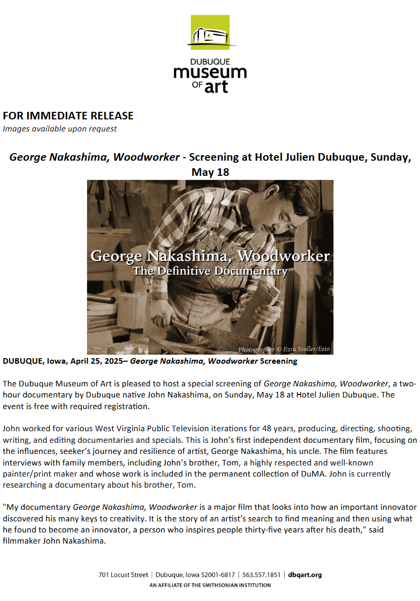 George Nakashima, Woodworker - Screening at Hotel Julien Dubuque, Sunday, May 18